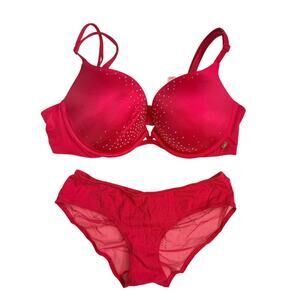 Victoria’s Secret Very Sexy Push Up Bra Set 36C Small Rhinestone Lingerie Red